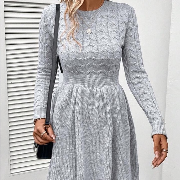 New Chic Cable Knit Skater Long Sleeve Knit Sweater Dress - Picture 11 of 13